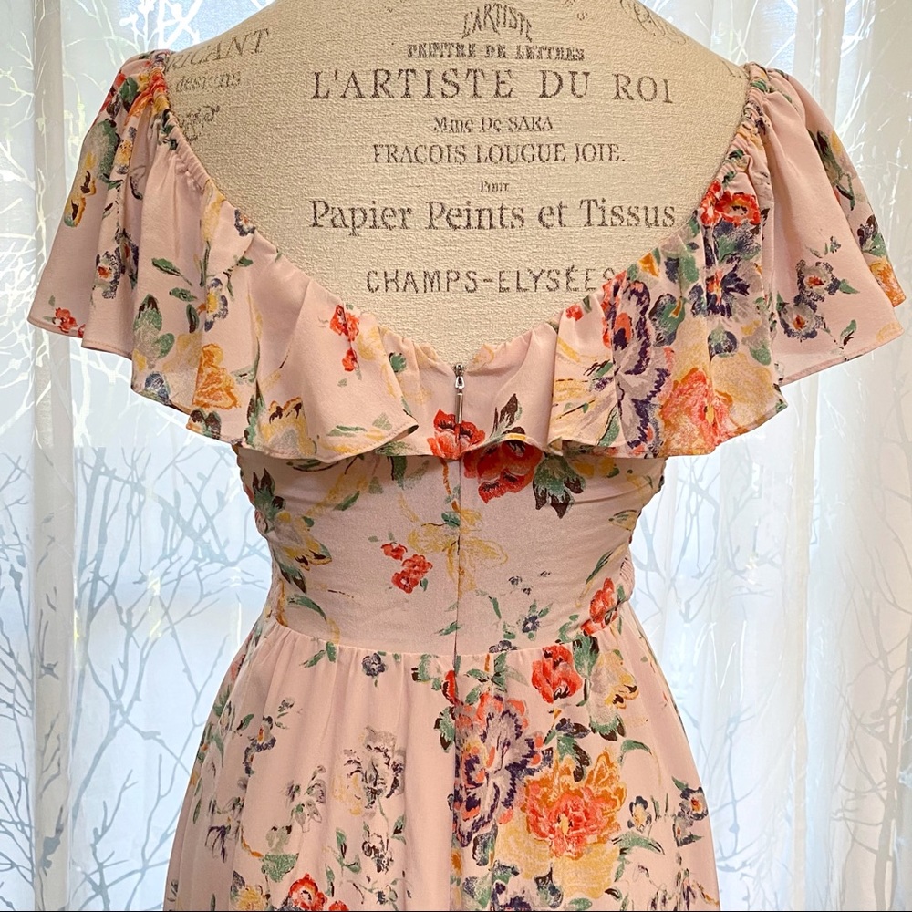 Rebecca Taylor Marlena pink green yellow floral print silk ruffle neckline dress - Picture 9 of 13
